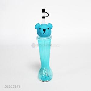 Wholesale cartoon bear shape long thin water bottle with straw