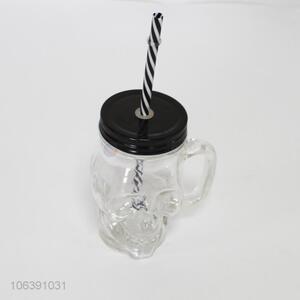 Newly designed clear skull shaped glass cup with straw