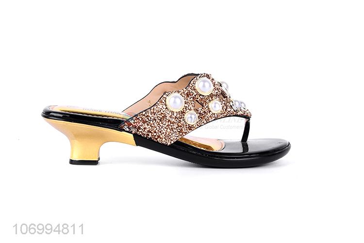 Unique design shiny pearls women low-heeled thong slippers