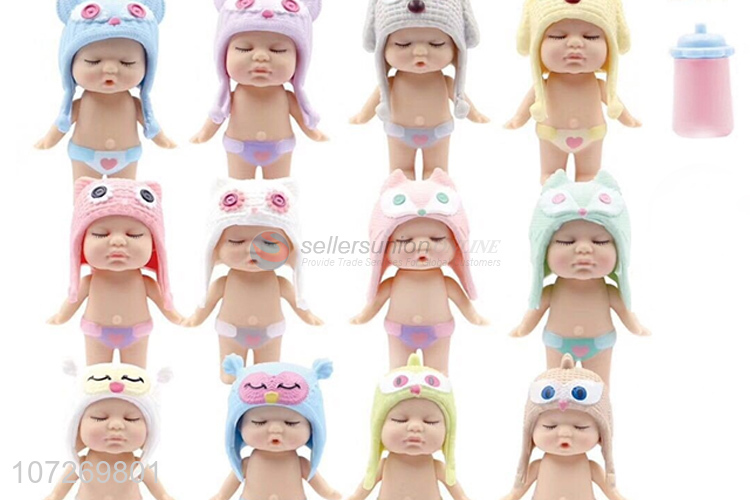 Hot sale cute vinyl toys 3.5 inch sleeping baby doll with cap