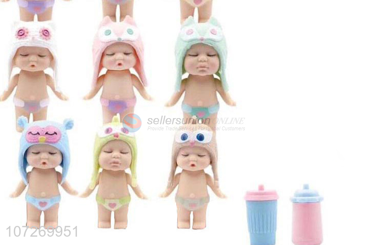 Excellent quality cute vinyl toys sleeping baby doll with feeding bottle and candy cap