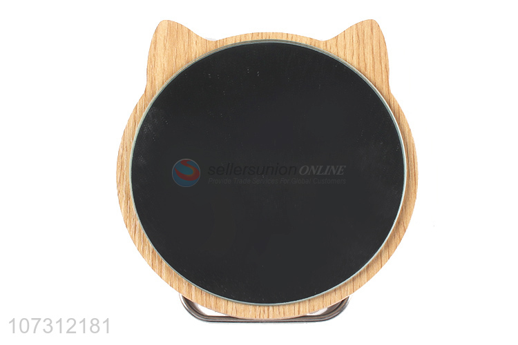 Cute design cat shape tabletop mirror wood grain cosmetic mirror