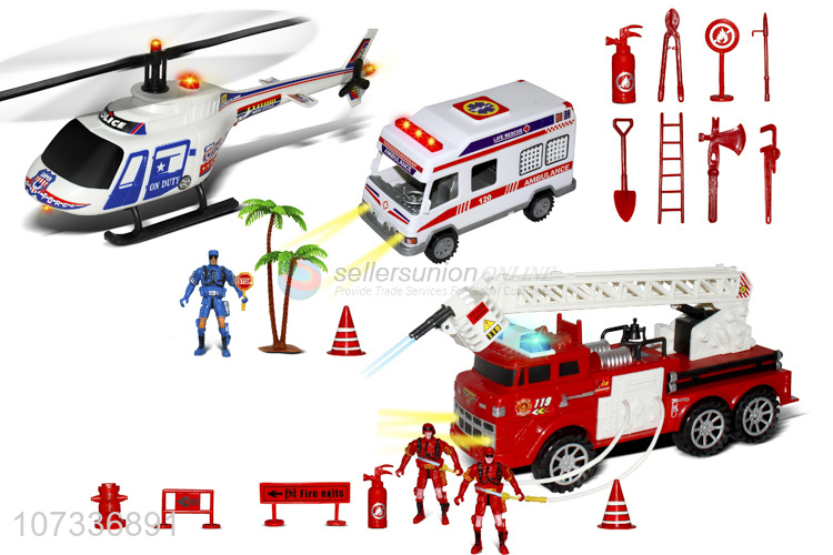 Best Sale Plastic Helicopter Ambulance Inertial Ladder Fire Truck Toy Set