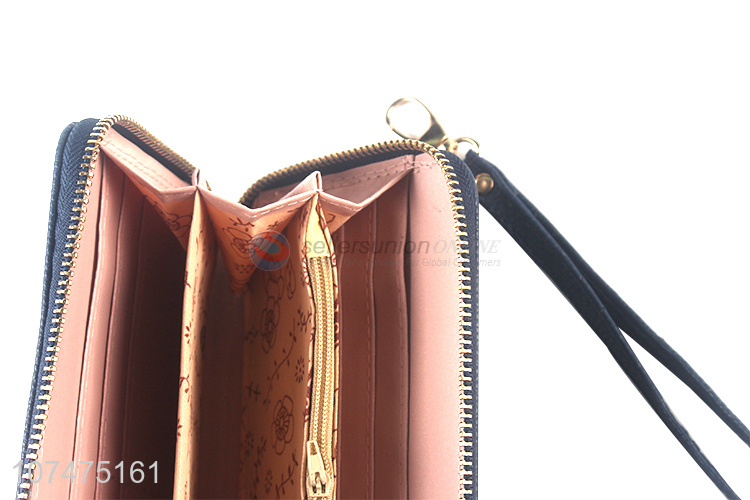 High quality long pu leather ladies purse with copper zipper