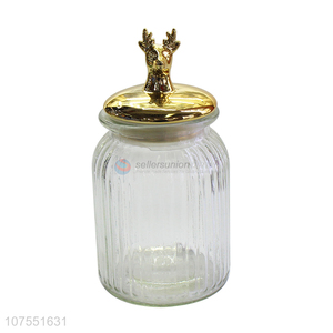Cheap Price Clear Glass Storage Jar With Gold Deer Ceramic Lid