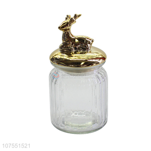 Contracted Design Glass Storage Bottle With Gold Deer Ceramic Lid
