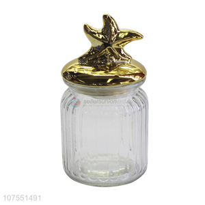 Unique Design Glass Storage Bottle With Gold Starfish Ceramic Lid