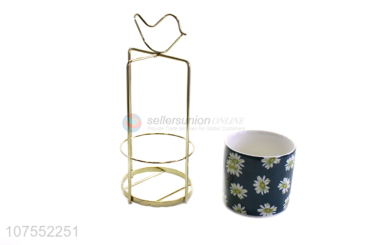 Contracted Design Gold Bird Iron Rack Ceramic Flowerpot For Home Decor