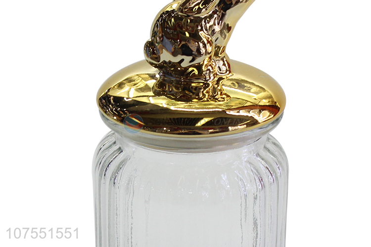 Competitive Price Glass Storage Jar With Gold Ceramic Rabbit Lid