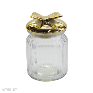 Lowest Price Clear Glass Storage Jar With Gold Butterfly Ceramic Lid