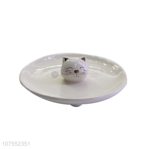 Competitive Price White Ceramic Plate With Cute Cat Decoration