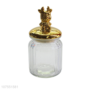 Top Selling Clear Glass Jar With Gold Deer Shape Ceramic Lid