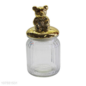 Suitable Price Glass Storage Bottle With Gold Bear Ceramic Lid