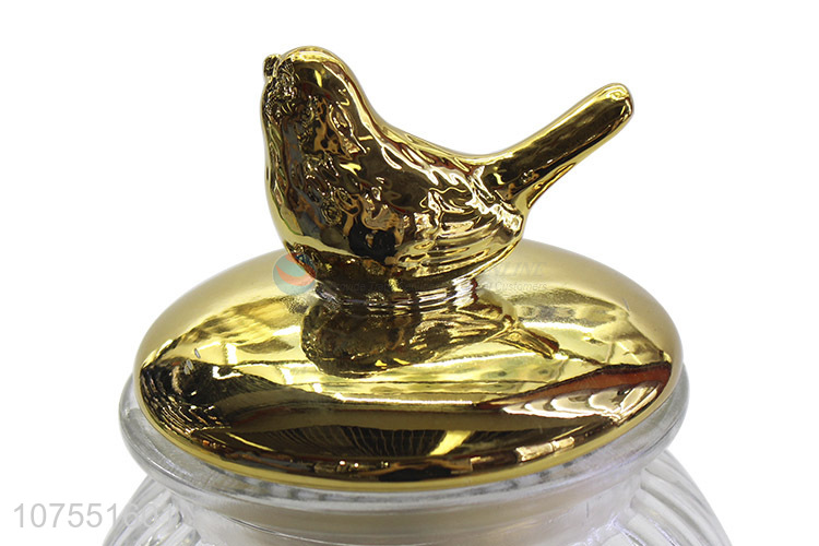 New Style Clear Glass Storage Jar With Gold Ceramic Bird Lid