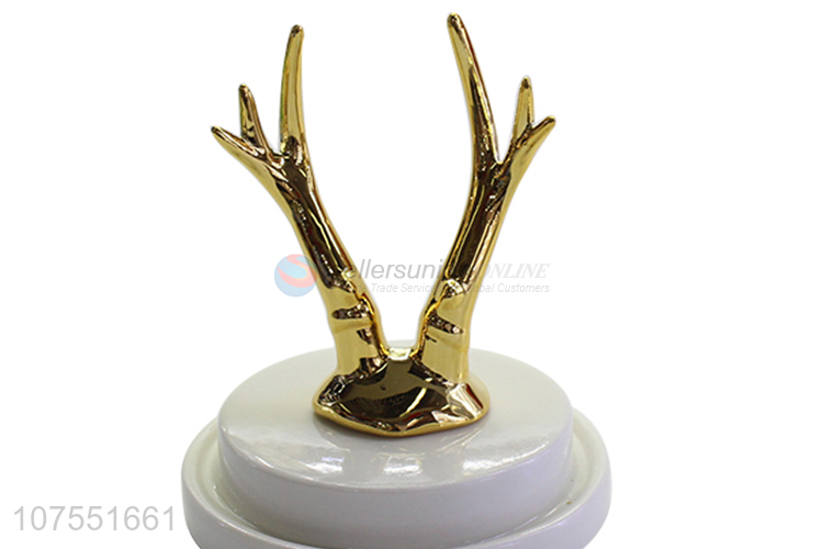 Creative Gold Antlers Design Ceramic Crafts Jewelry Ring Holder With Glass Lid