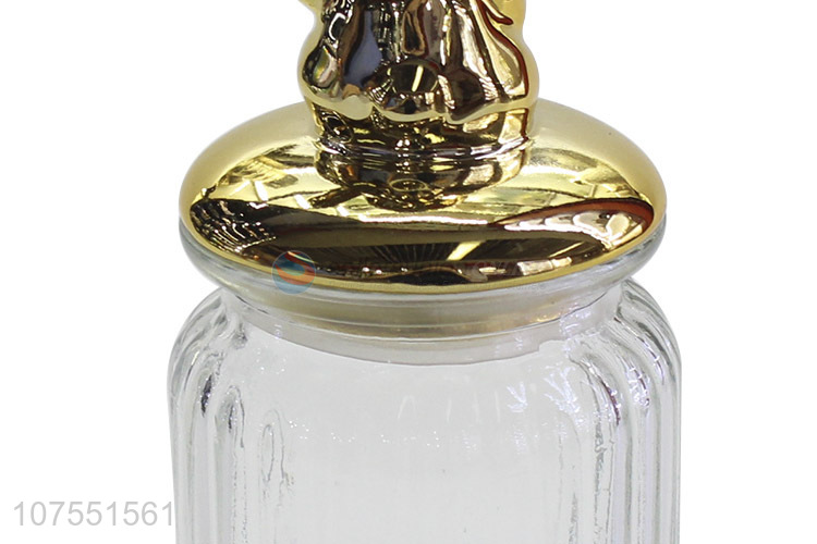 Factory Wholesale Clear Glass Storage Jar With Gold Cat Ceramic Lid
