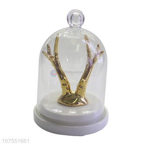 Creative Gold Antlers Design Ceramic Crafts Jewelry Ring Holder With Glass Lid