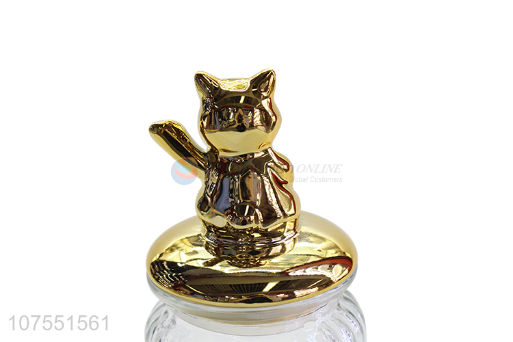 Factory Wholesale Clear Glass Storage Jar With Gold Cat Ceramic Lid