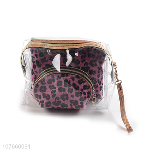 Leopard print plush style female fashion cosmetic bag three-piece set