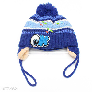 New design cartoon hat toddler outdoor thermal knitted earmuff beanie cap