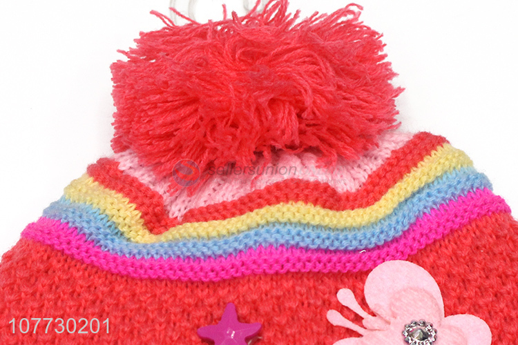 New products kids winter acrylic knitted pompom hat with earflaps