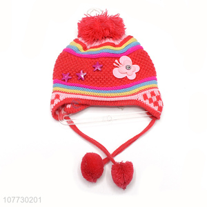 New products kids winter acrylic knitted pompom hat with earflaps