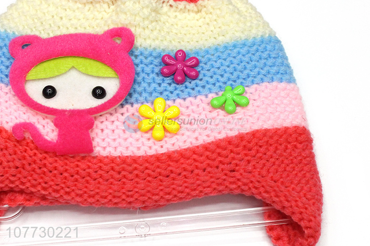 Low price children winter hat with earflaps kids pompom beanies