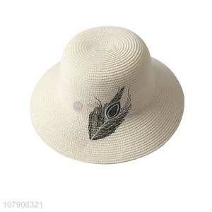 New arrival summer beach panama hat female feather embroidery straw hat