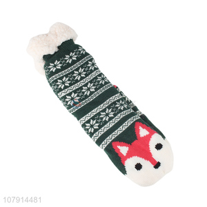 New product cartoon fox pattern women winter warm floor socks with sherpa fleece