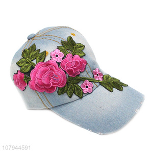 Fashion style flower embroidery denim summer sun hat peaked cup for sale