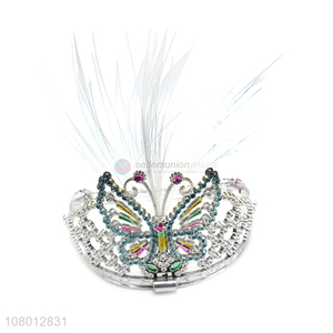 Yiwu factory delicate design plastic children tiaras with feather