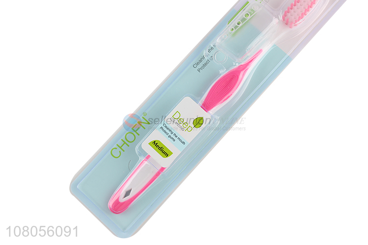 Wholesale pink soft bristle travel toothbrush with toothbrush cover