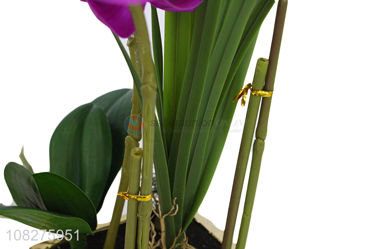 Wholesale realistic fake flowers lifelike orchid flowers in gold vase