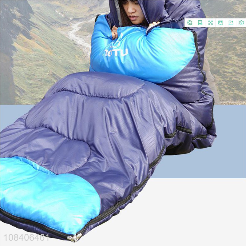 Wholesale outdoor winter warm stitchable envelope sleeping bag with cap