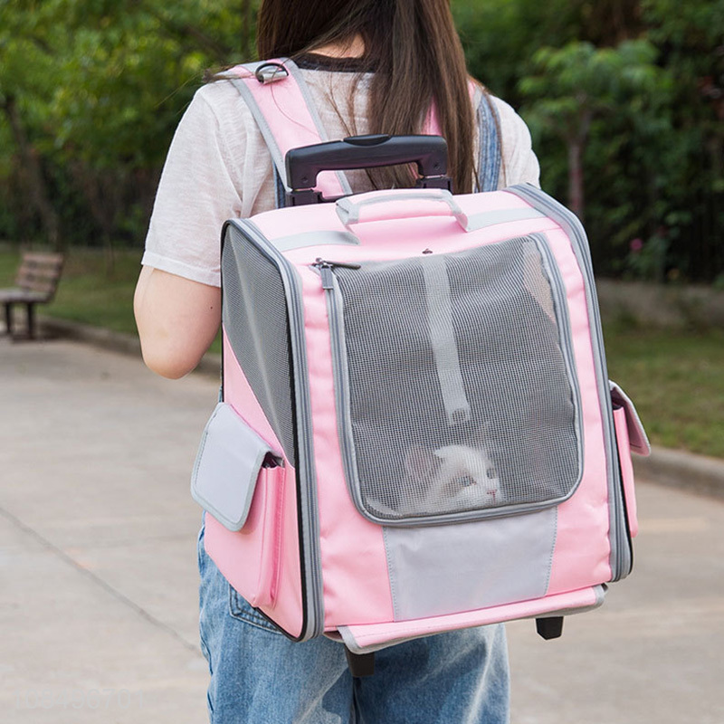 Factory price pet cat backpack pet rolling carrier with double wheels