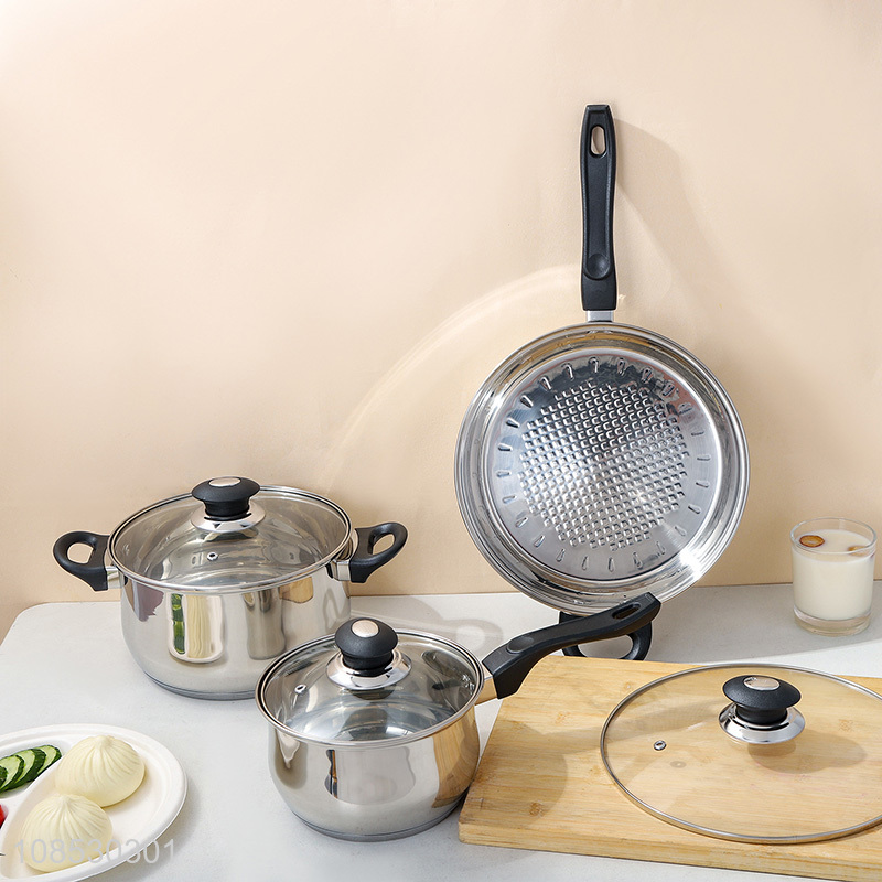 Wholesale 6pcs stainless steel cookware set with soup pot milk pot frying pan non-stick pot water kettle