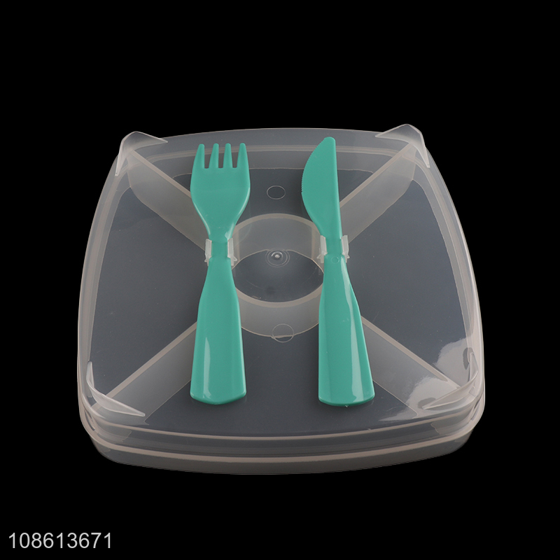 Wholesale clear double-layered plastic bento lunch box with knife & fork