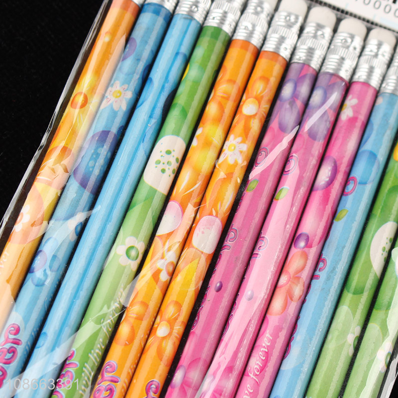 Hot selling 12pcs wooden pencils with erasers office school supplies