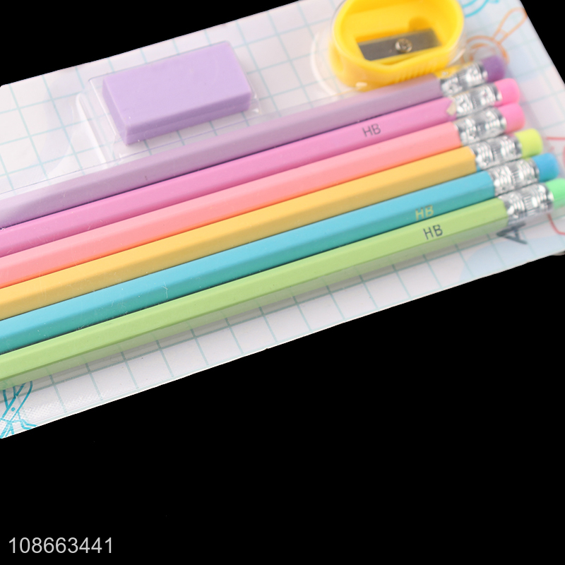 Wholesale kids stationery set with hb pencils, pencil sharpener and eraser