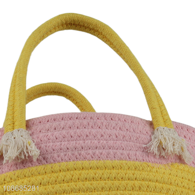 Good quality cotton rope woven storage basket handbag with tassel for toys