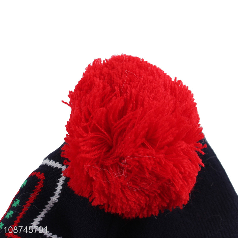 Wholesale women winter jacquard knitted beanie pompom beanie hat