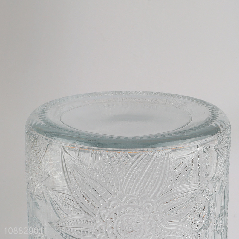 Wholesale clear flower embossed glass storage jar with airtight wooden lid