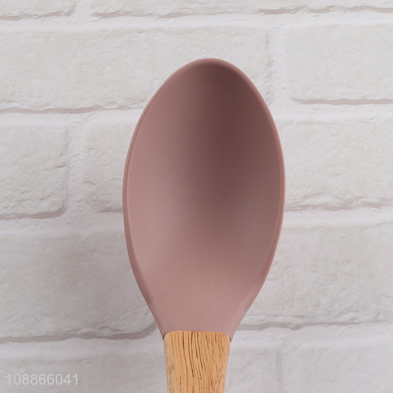 Wholesale silicone nylon cooking spoon kitchen spoon with wooden handle
