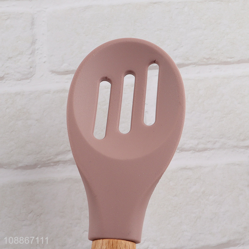 Factory price silicone nylon slotted ladle with wooden handle for cooking