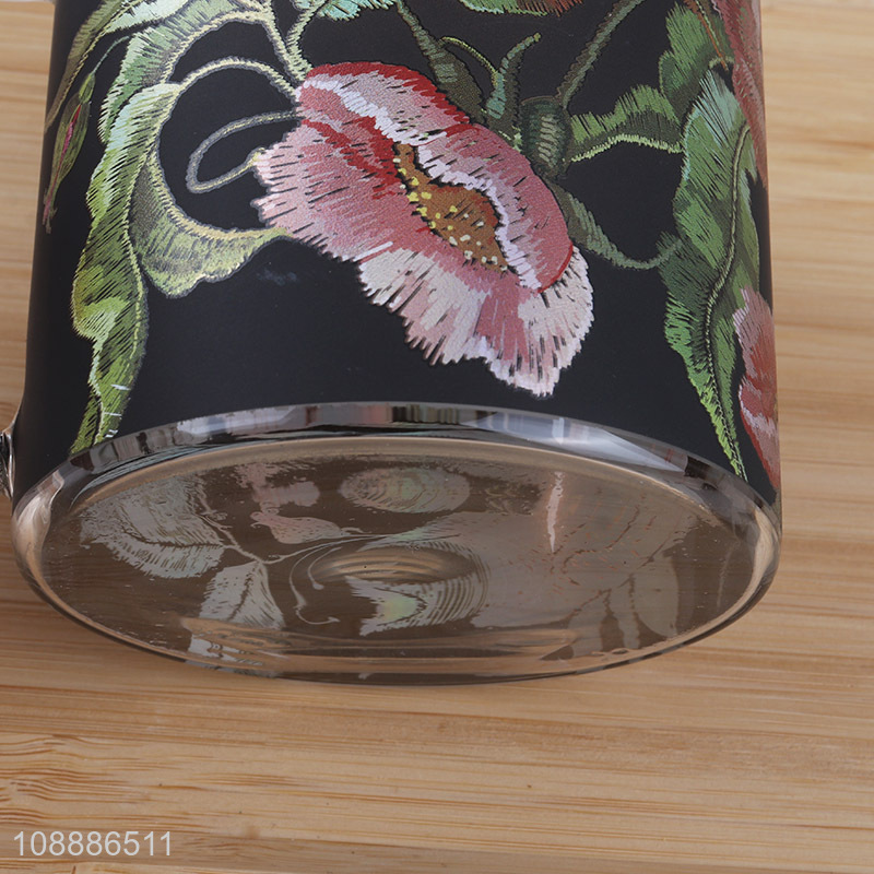 Hot sale flower pattern glass water cup drinking cup with handle