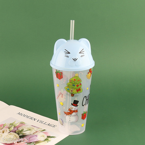 Good Price 500ml Cute Christmas Plastic Cup with Lid and Straw