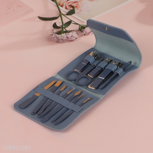 Wholesale 12PCS Carbon Steel Manicure Pedicure Kit with Leather Case