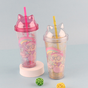 Top products cat ear plastic straw water cup drinking cup with lid