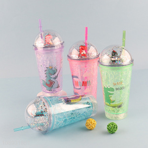 Latest products glitter dinosaur plastic water cup with lid&straw