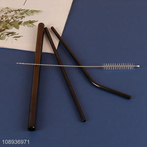 Wholesale 3+1 Black Reusable Stainless Steel Straws with Cleaning Brush